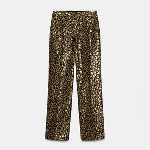 Zara ANIMAL PRINT SEQUIN STRAIGHT LEG PANTS